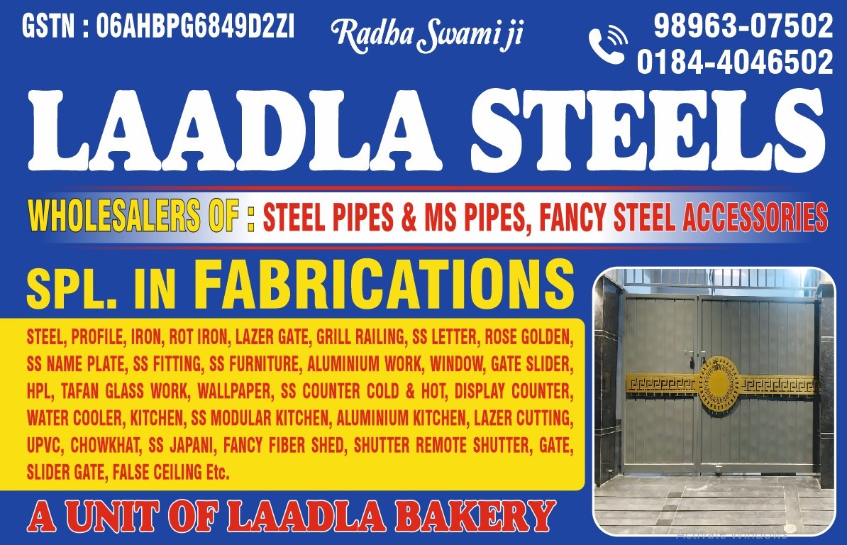Laadla Steels business banner with contact and services